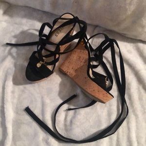 NWOT Lace up/tie up Guess black strappy wedges
